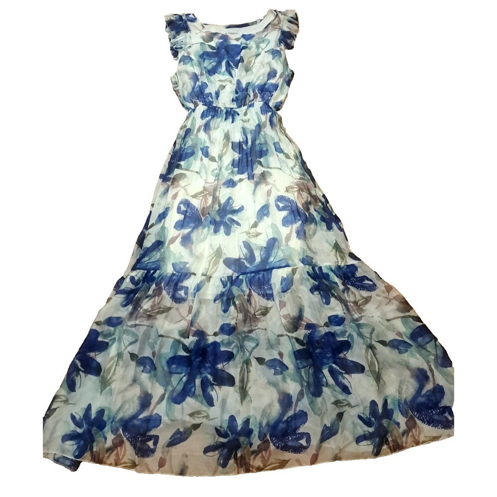 Le Raganne Silk Blend Dress Maxi Sleeveless Blue Watercolor Floral Flowy M Italy